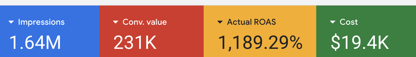Google Ads, 231k revenue, 1189% ROAS