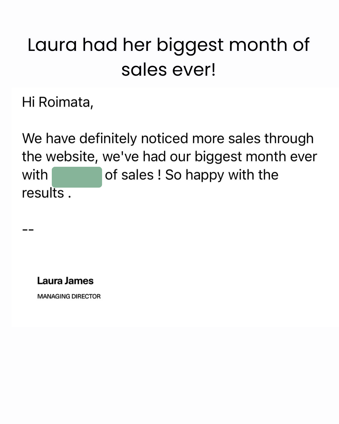 Laura James, biggest month of sales ever